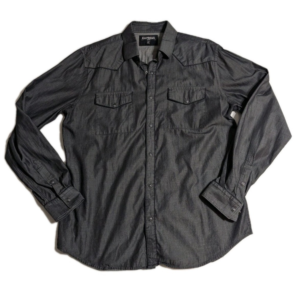 Express‎ Fitted Western Snap Shirt Mens Large Gray Chambray Pearl Snap Cowboy